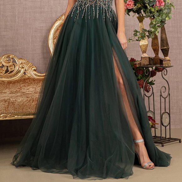 NEW LONG OFF THE SHOULDER SLEEVELESS EMBROIDERED DRESS WITH ZIPPER BACK GL3137 - Picture 4 of 10